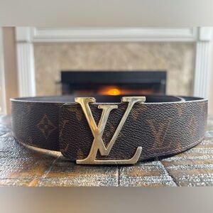 Louis Vuitton CLASSIC Dark Brown Monogram Belt with Gold Buckle